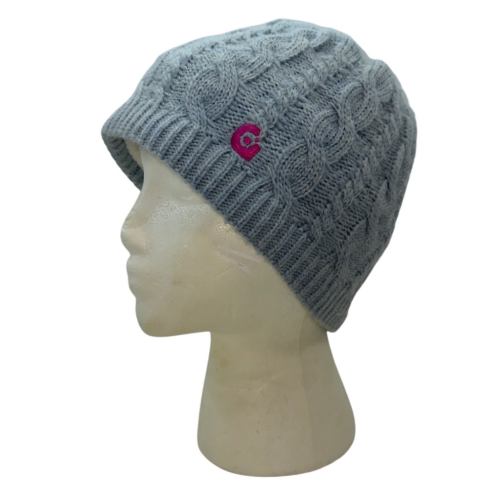 Canadian GRAVIS Cable Knit 100% Wool Beanie Hat, Fleece Lined, Sky Blue Grey